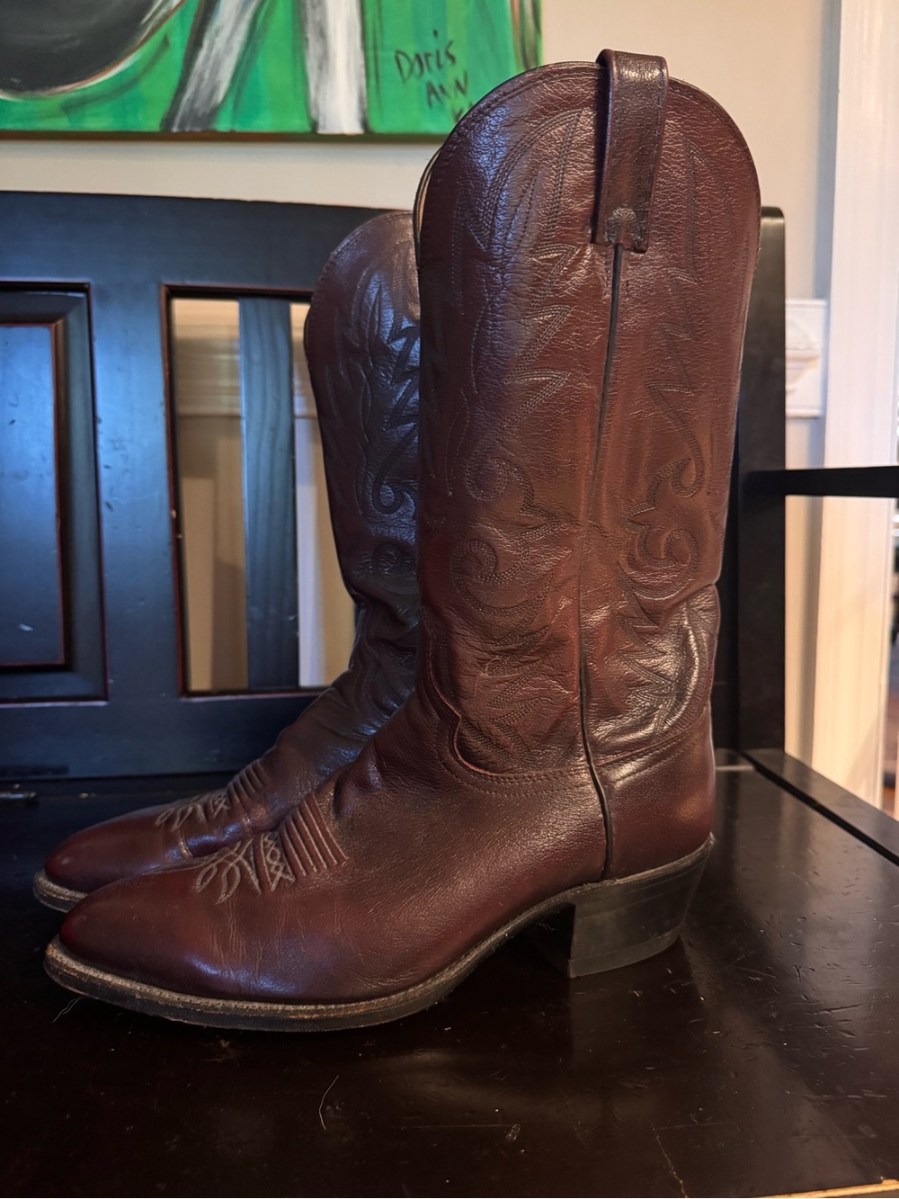 Vintage Dan Post Mens Black Cherry Leather Cowboy Boots USA Size 10 EW 16773